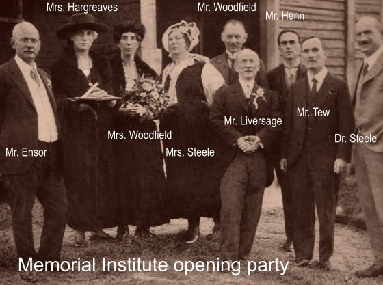 Memorial Institute opening party Mr. Ensor Mrs. Hargreaves Mrs. Woodfield Mrs. Steele Mr. Liversage Mr. Henn Mr. Woodfield Dr. Steele Mr. Tew